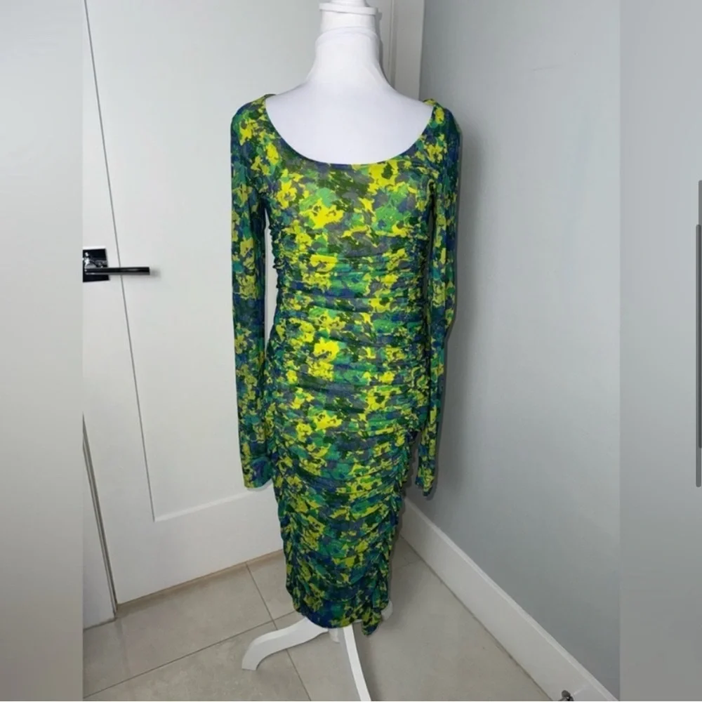 Ganni Ruched Printed Long Sleeve Stretch-Mesh Midi Dress - Picture 5 of 12